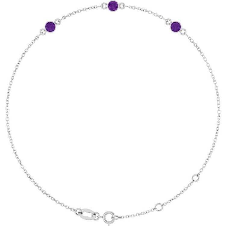 14K White Gold Natural Amethyst Bezel-Set Three-Stone 6 1/2-7 1/2" Bracelet