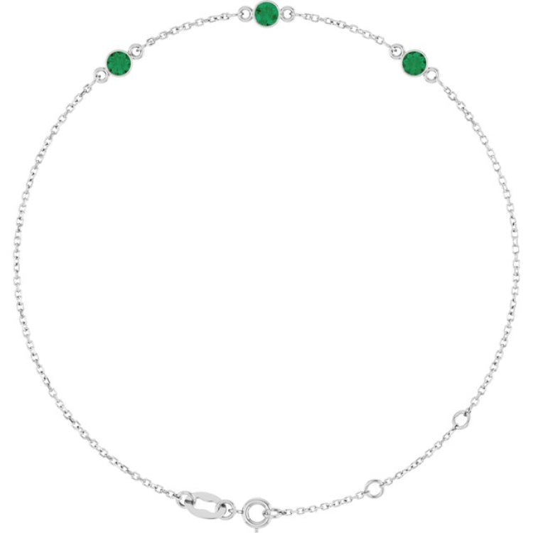14K White Gold Natural Emerald Bezel-Set Three-Stone 6 1/2-7 1/2" Bracelet
