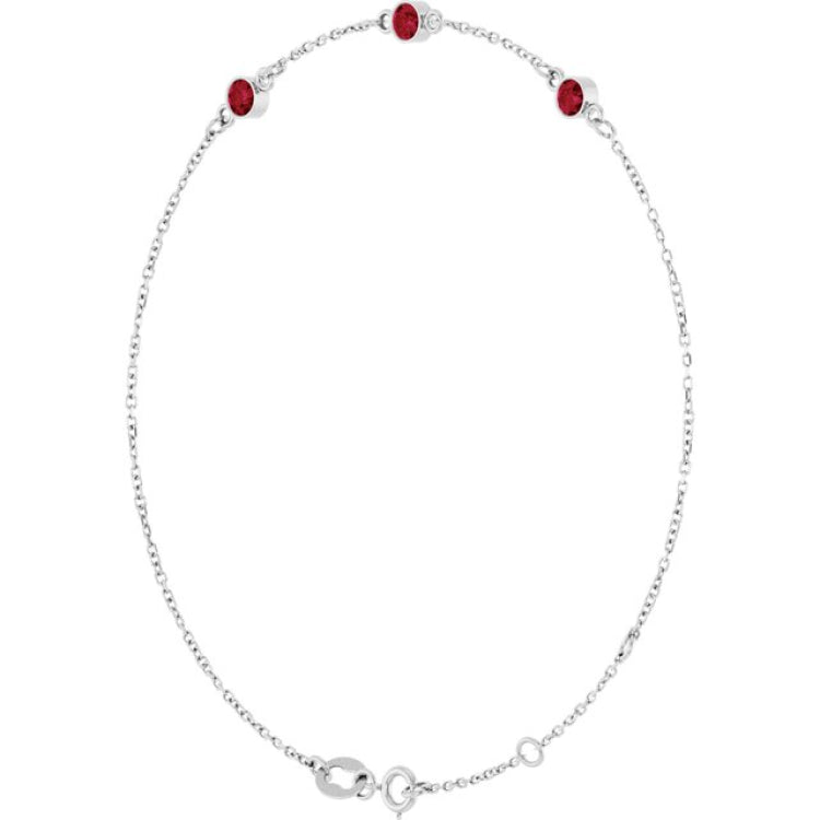 14K White Gold Natural Ruby Bezel-Set Three-Stone 6 1/2-7 1/2" Bracelet