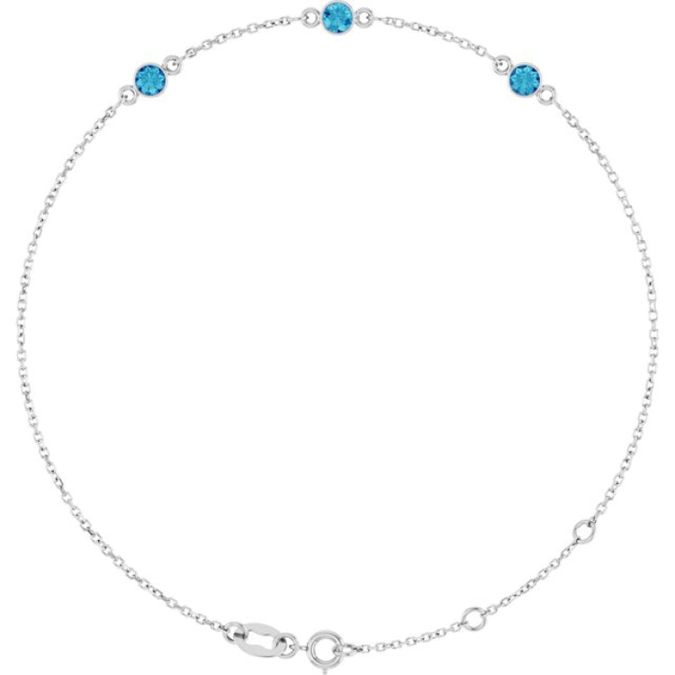 14K White Gold Natural Blue Zircon Bezel-Set Three-Stone 6 1/2-7 1/2" Bracelet