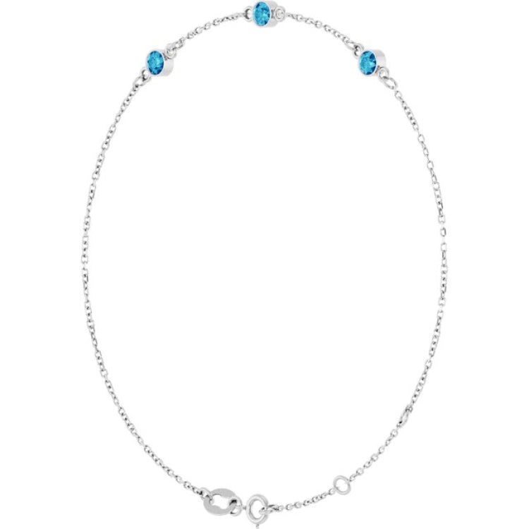 14K White Gold Natural Blue Zircon Bezel-Set Three-Stone 6 1/2-7 1/2" Bracelet