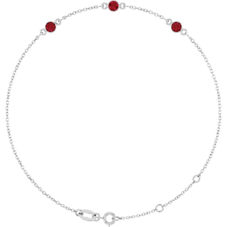 14K White Gold Lab-Grown Ruby Bezel-Set Three-Stone 6 1/2-7 1/2" Bracelet