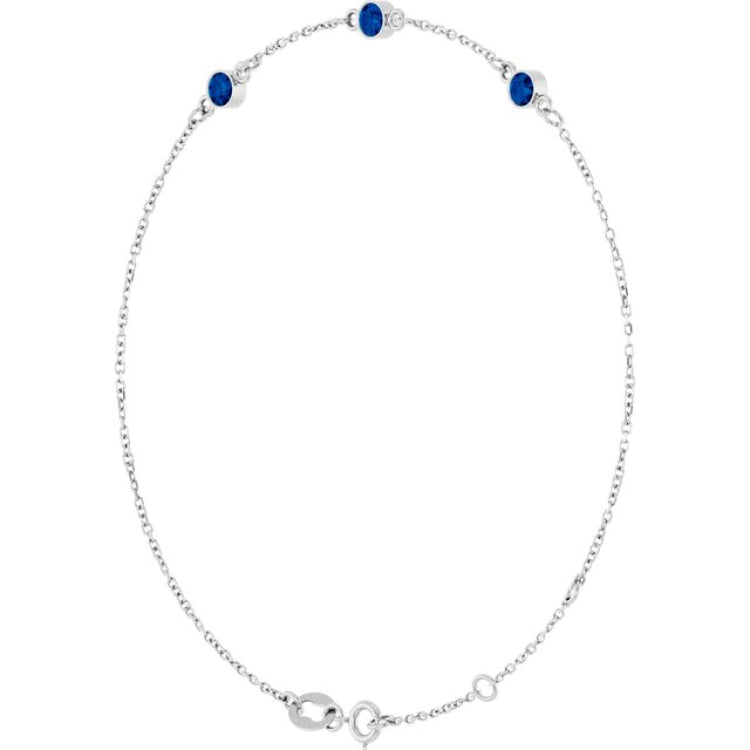 14K White Gold Lab-Grown Blue Sapphire Bezel-Set Three-Stone 6 1/2-7 1/2" Bracelet