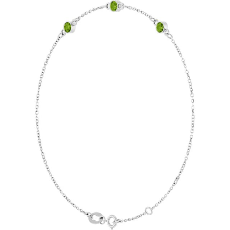 14K White Gold Natural Peridot Bezel-Set Three-Stone 6 1/2-7 1/2" Bracelet