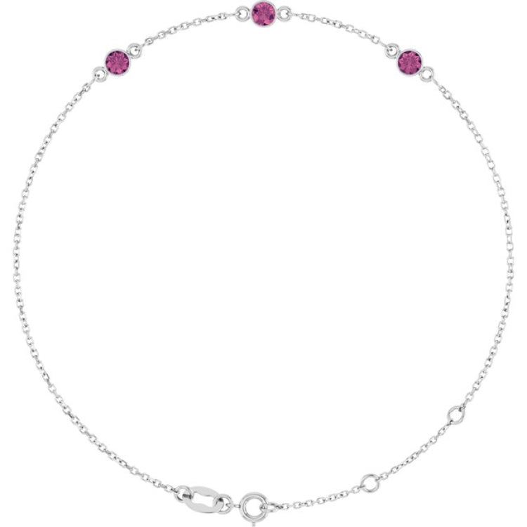 14K White Gold Natural Pink Tourmaline Bezel-Set Three-Stone 6 1/2-7 1/2" Bracelet