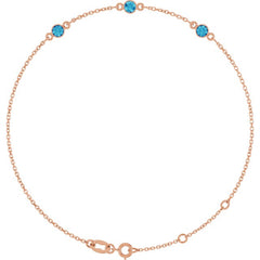 14K Rose Gold Natural Blue Zircon Bezel-Set Three-Stone 6 1/2-7 1/2" Bracelet