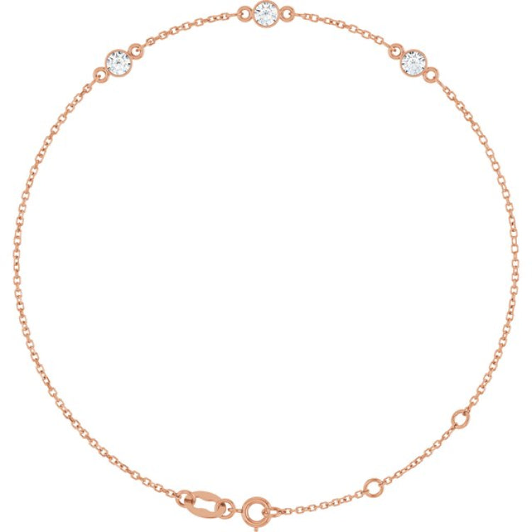 14K Rose Gold Natural White Sapphire Bezel-Set Three-Stone 6 1/2-7 1/2" Bracelet