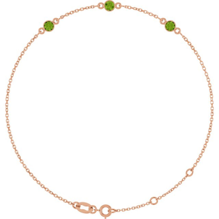 14K Rose Gold Natural Peridot Bezel-Set Three-Stone 6 1/2-7 1/2" Bracelet