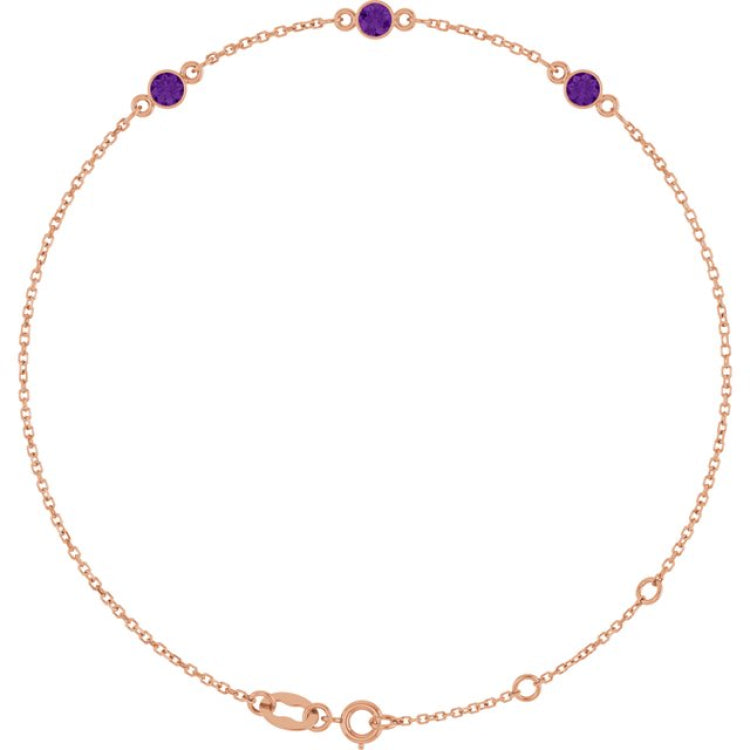 14K Rose Gold Natural Amethyst Bezel-Set Three-Stone 6 1/2-7 1/2" Bracelet