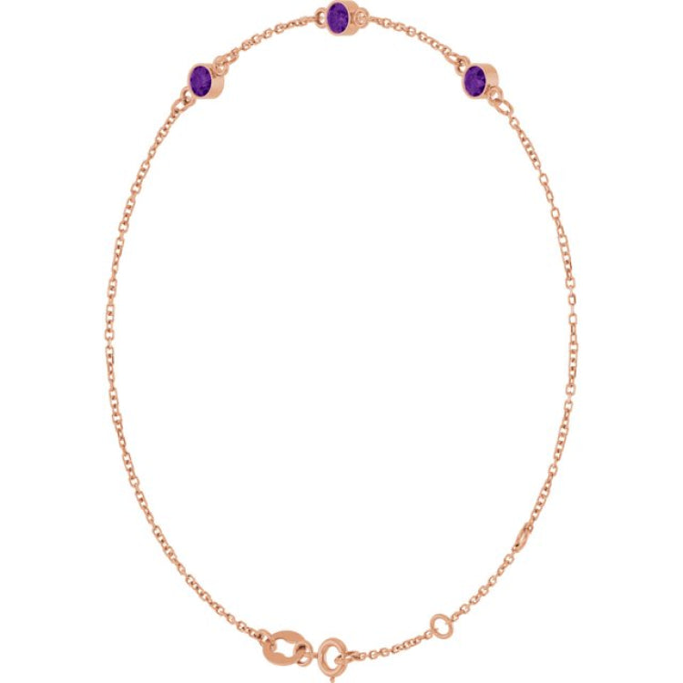 14K Rose Gold Natural Amethyst Bezel-Set Three-Stone 6 1/2-7 1/2" Bracelet
