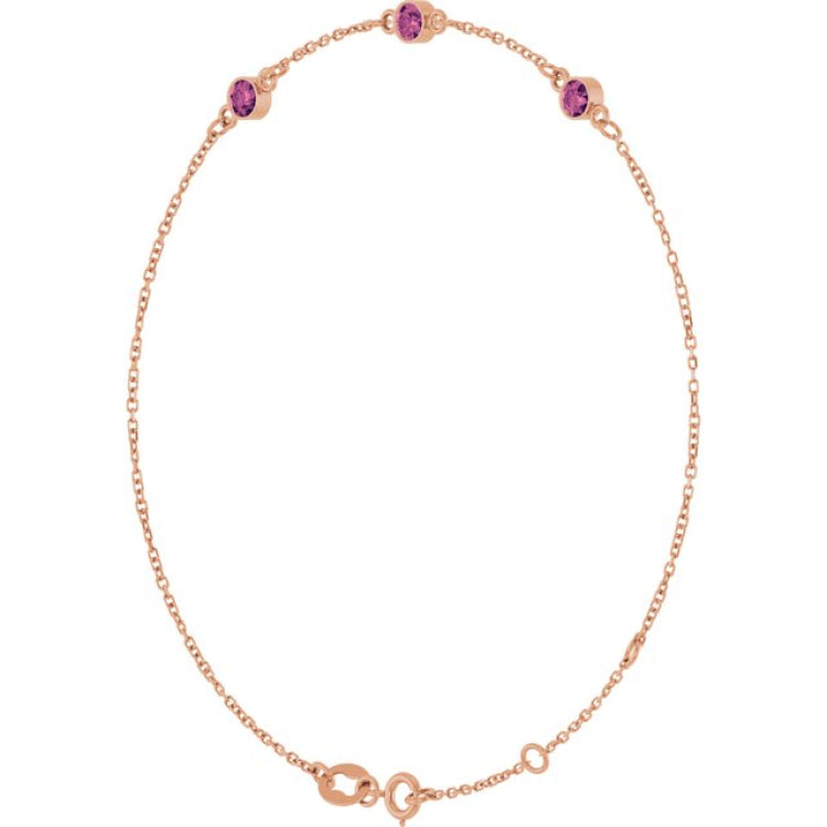 14K Rose Gold Natural Pink Tourmaline Bezel-Set Three-Stone 6 1/2-7 1/2" Bracelet