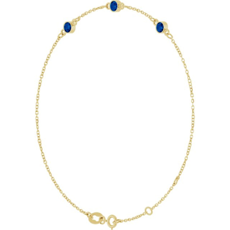 14K Yellow Gold Lab-Grown Blue Sapphire Bezel-Set Three-Stone 6 1/2-7 1/2" Bracelet