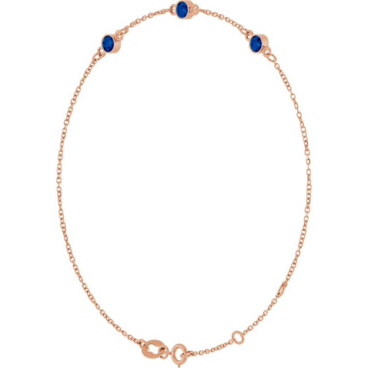 14K Rose Gold Natural Blue Sapphire Bezel-Set Three-Stone 6 1/2-7 1/2" Bracelet