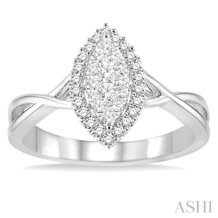 1/3 Ctw Marquise Shape Round Cut Diamond Lovebright Ring in 14K White Gold