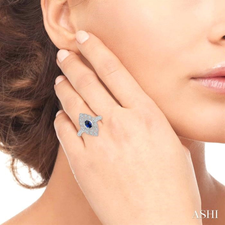 6x4 MM Lattice Marquise Shape Oval Cut Sapphire and 1/5 Ctw Round Cut Diamond Precious Ring in 10K White Gold