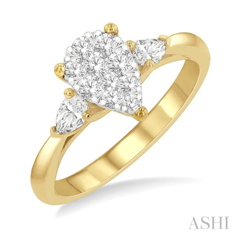 5/8 Ctw Pear Shape Lovebright Pear and Round Cut Diamond Engagement Ring in 14K Yellow and White Gold