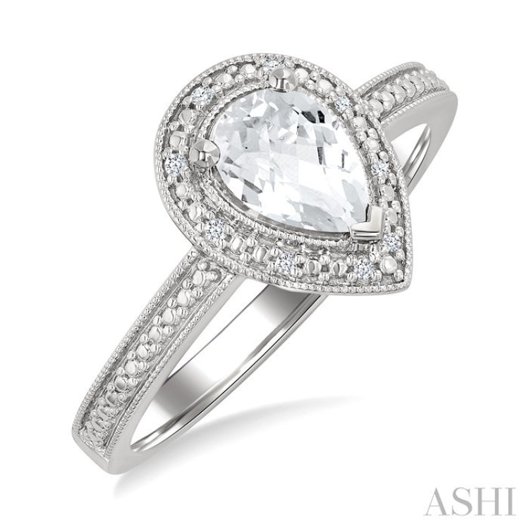 7X5 MM Pear Shape White Topaz and 1/50 Ctw Round Cut Diamond Semi-Precious Ring in Sterling Silver