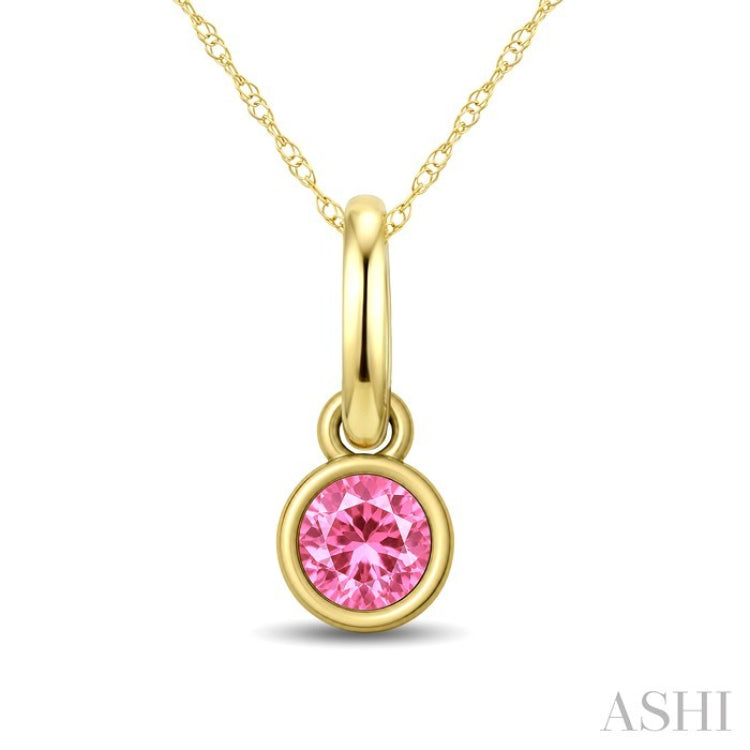 3X3 MM Round Shape Pink Tourmaline Bezel Set Semi-Precious Solitaire Pendant With Chain in 10K Yellow Gold