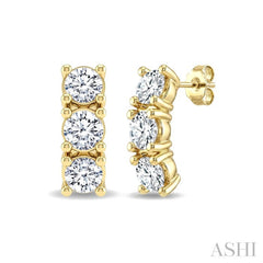 1/4 Ctw 3-Stone Round Cut Diamond Fashion Earrings in 14K Yellow Gold