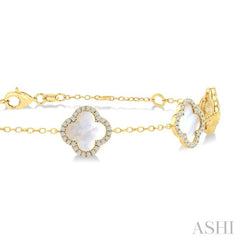 8 MM Mother of Pearl and 1/2 Ctw Round Cut Diamond Clover Halo Station Bracelet in 14K Yellow Gold