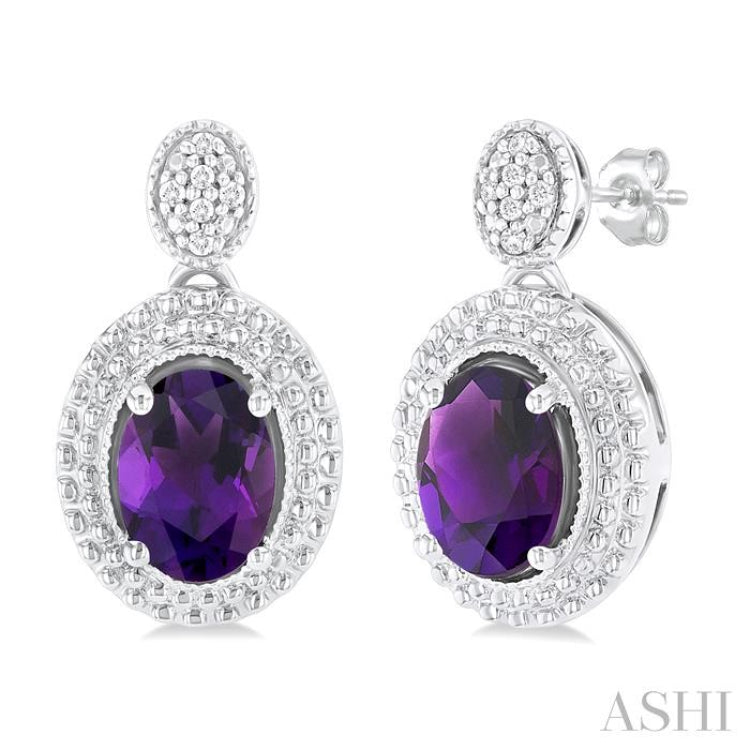7X5 MM Oval Cut Amethyst and 1/20 Ctw Round Cut Diamond Semi-Precious Earrings in Sterling Silver