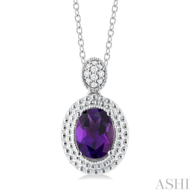 8X6 MM Oval Cut Amethyst and 1/20 Ctw Round Cut Diamond Semi-Precious Pendant With Chain in Sterling Silver