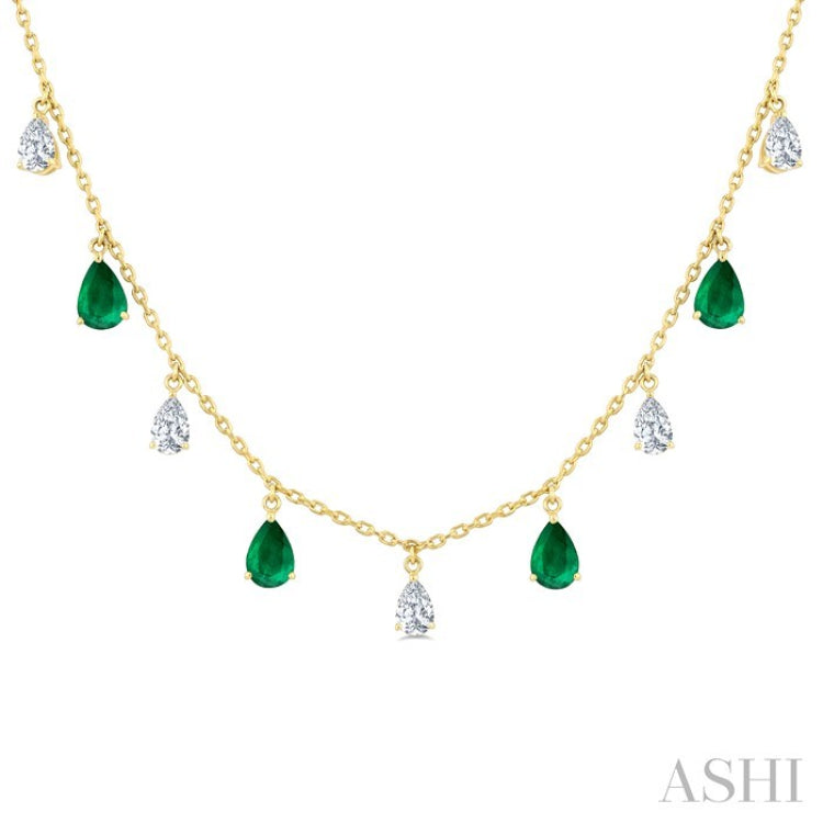 6X4 MM Pear Shape Emerald and 1 Ctw Pear Cut Diamond Precious Station Necklace in 14K Yellow Gold
