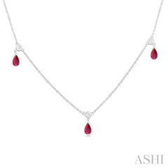 5X3 MM Pear Shape Ruby and 1/4 Ctw Round Cut Diamonds Precious Station Necklace in 14K White Gold