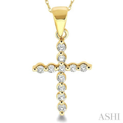 1/10 Ctw Round Cut Diamond Cross Petite Pendant in 10K Yellow Gold with Chain