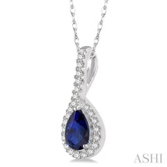 6X4 MM Pear Shape Sapphire and 1/8 Ctw Round Cut Diamond Precious Pendant With Chain in 10K White Gold