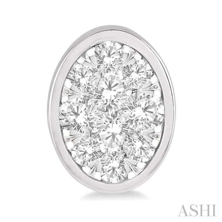 1/2 Ctw Oval Shape Lovebright Round Cut Diamond Bezel Stud Earring in 14K White Gold