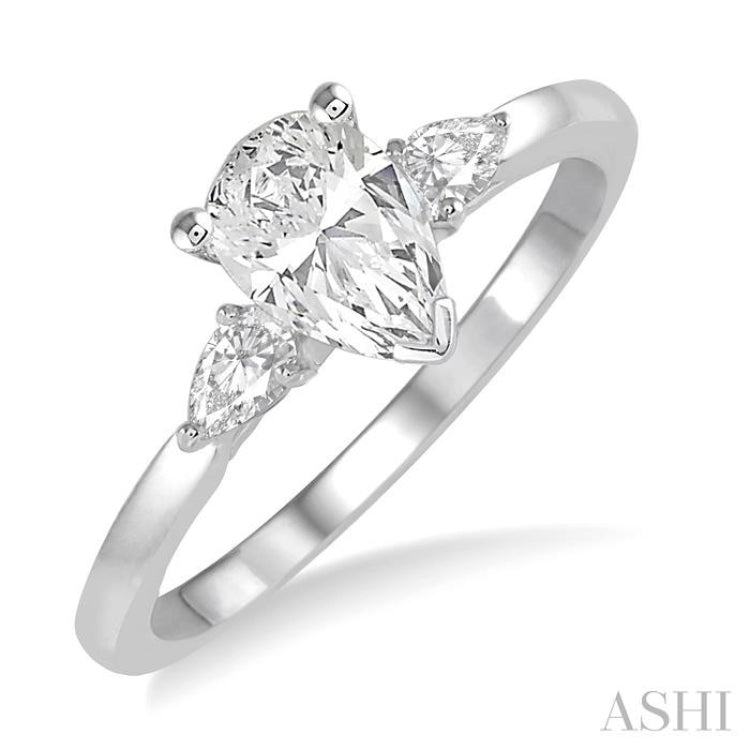 3/4 Ctw Pear Cut Diamond Ladies Engagement Ring With 1/2 Ct Pear Cut Center Stone in 14K White Gold