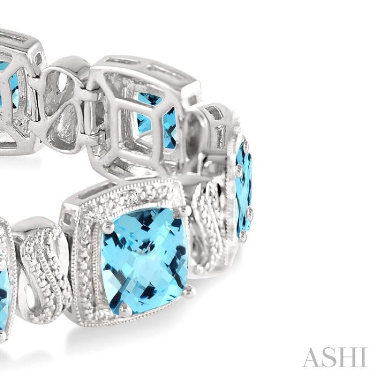 7X7 MM Cushion Shape Blue Topaz and 1/10 Ctw Round Cut Diamond Square Shape Bracelet in Sterling Silver