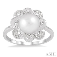 6.5 MM Round Shape Cultured Pearl and 1/10 Ctw Round Cut Diamond Ring in Sterling Silver