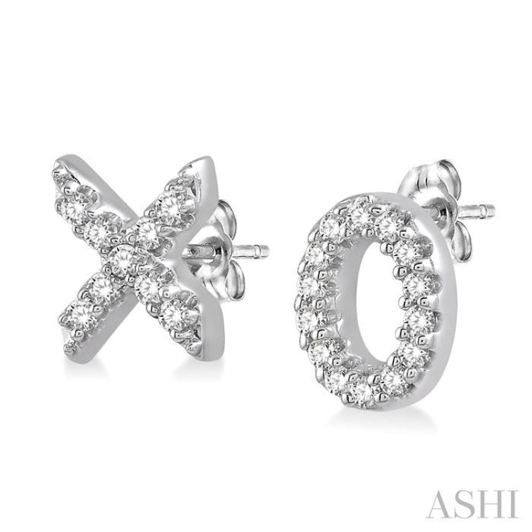 1/10 Ctw 'XO' Hugs and Kisses Petite Round Cut Diamond Earrings in 10K White Gold