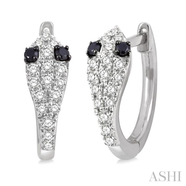 1/4 Ctw Serpent Head With Black Diamond Eyes Round Cut Diamond Huggie Petite Earrings in 10K White Gold