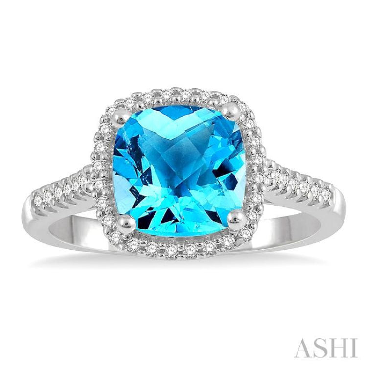 8x8 MM Cushion Shape Center Stone Blue Topaz and 1/5 Ctw Cushion Shape Mount Round Cut Diamond Semi-Precious Ring in 10K White Gold
