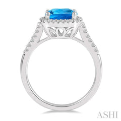8x8 MM Cushion Shape Center Stone Blue Topaz and 1/5 Ctw Cushion Shape Mount Round Cut Diamond Semi-Precious Ring in 10K White Gold