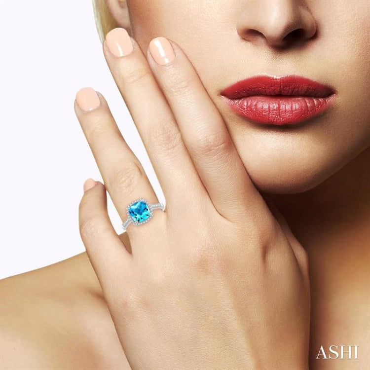 8x8 MM Cushion Shape Center Stone Blue Topaz and 1/5 Ctw Cushion Shape Mount Round Cut Diamond Semi-Precious Ring in 10K White Gold