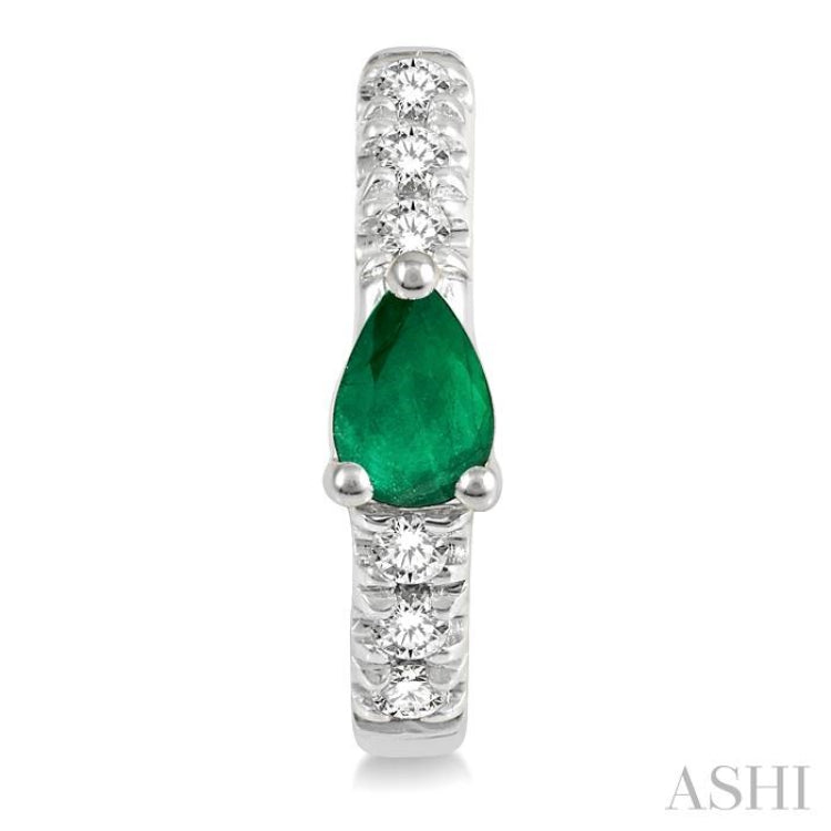 4X3 MM Pear Cut Emerald and 1/10 Ctw Round Cut Diamond Petite Huggie Earrings in 10K White Gold