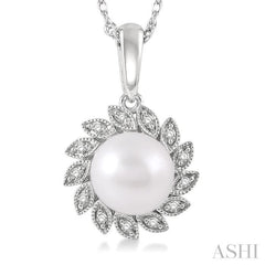 7x7 MM Round Shape Cultured Pearl and 1/10 Ctw Sunflower Round Cut Diamond Pendant With Chain in 10K White Gold