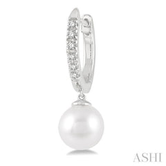 6 MM Round Shape Cultured Pearls and 1/8 Ctw Round Cut Diamond Drop Petite Huggie Earrings 14K White Gold