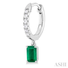 5x3 MM Emerald Cut Emerald and 1/8 Ctw Round Cut Diamond Precious Petite Fashion Huggies in 10K White Gold
