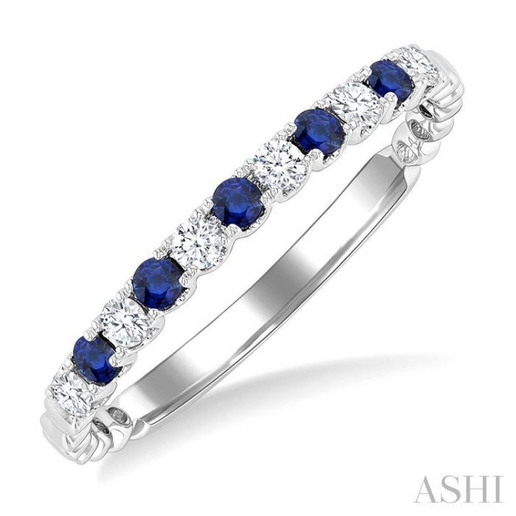 1.75 MM Sapphire and 1/6 Ctw Round Cut Diamond Precious Wedding Band in 14K White Gold
