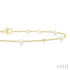 3 MM Round Shape Cultured Pearl and 1/20 Ctw Round Cut Diamond Fashion Station Bracelet in 14K Yellow Gold
