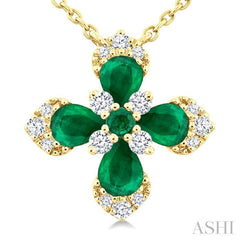4x3 MM Pear and 2 MM Round Emerald and 1/6 Ctw Round Cut Diamond Floral Blossom Precious Pendant With Chain in 14K Yellow Gold