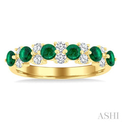 3 MM Emerald and 1/3 Ctw Round Cut Diamond Precious Band in 14K Yellow Gold