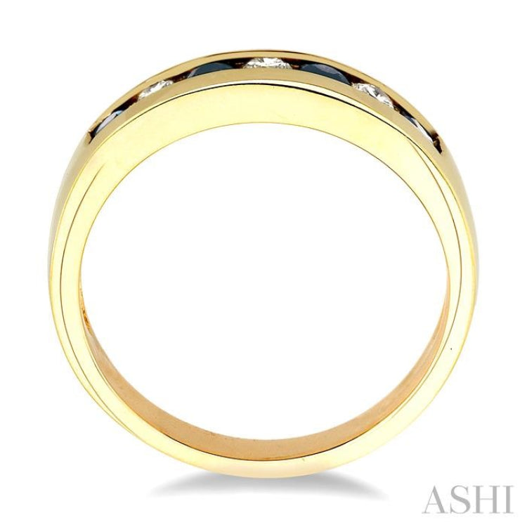 2.5 MM Round Cut Sapphire and 1/5 Ctw Channel Set Round Cut Diamond Band in 14K Yellow Gold