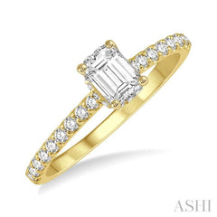1/5 Ctw Emerald Shape Round Cut Diamond Semi-Mount Engagement Ring in 14K Yellow Gold