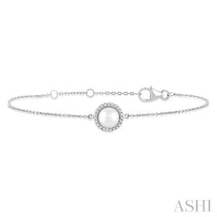 6 MM Round shape Round Shape Cultured Pearl and 1/20 Ctw Round Cut Diamond Petite Halo Bracelet in 10K White Gold